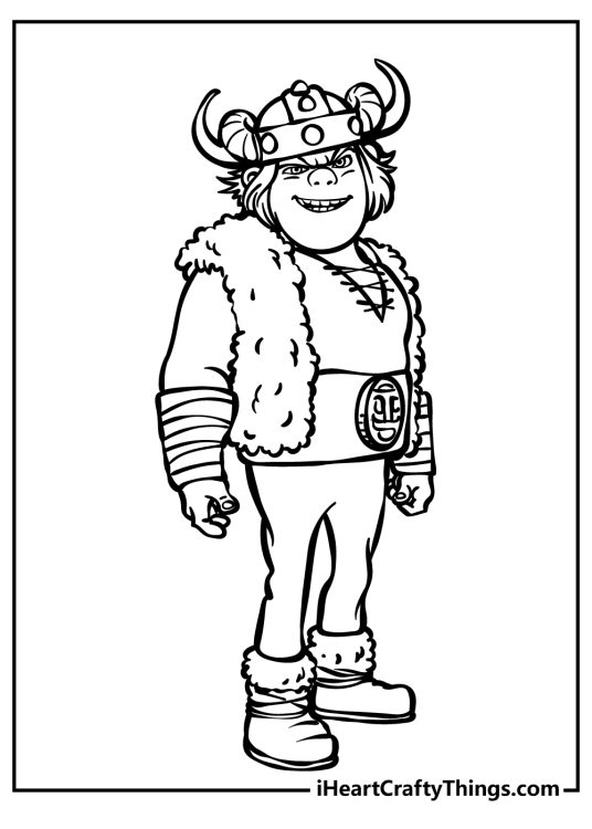 Detailed coloring page featuring Snotlout from How to Train Your Dragon wearing horn helmet