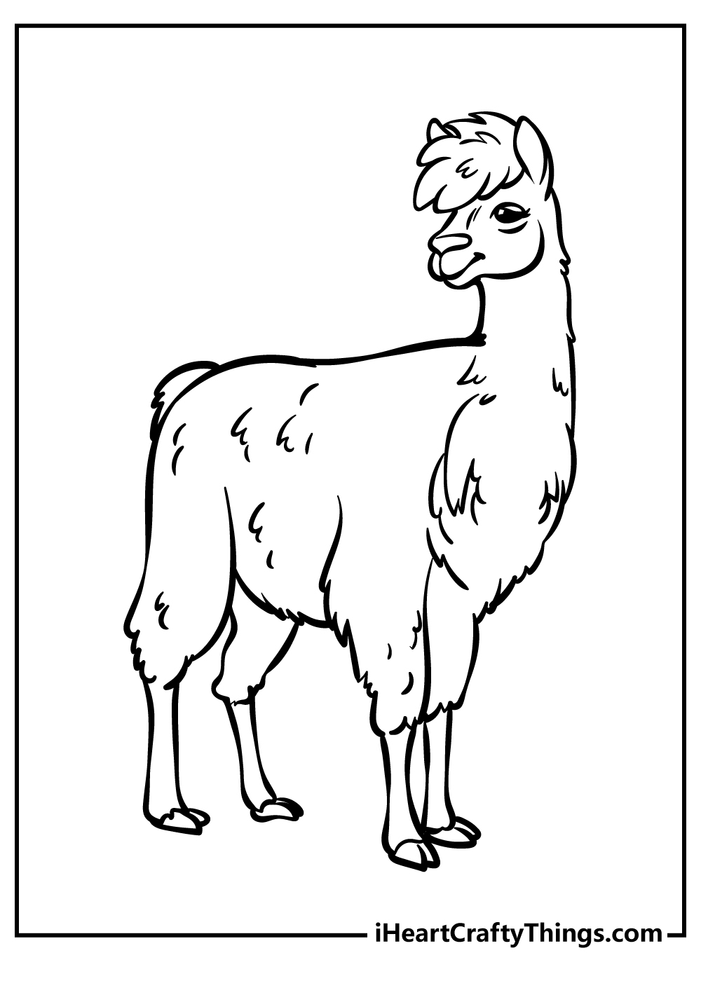 Detailed coloring image of a realistic tall llama with messy hair and charming smile