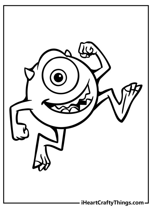 Free printable coloring image depicting Monsters Inc character Mike going for a run