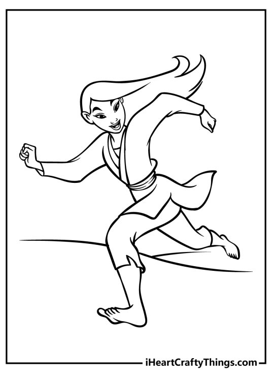 Free coloring picture for kids featuring Mulan looking down while running barefoot