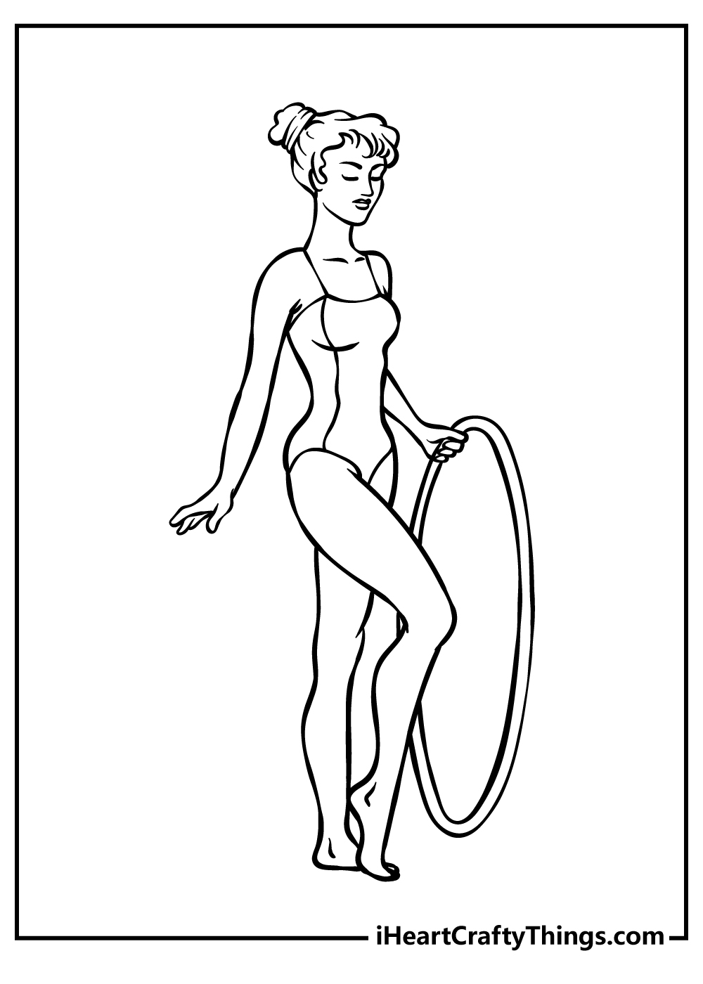 Gymnastics-themed printable featuring female gymnast getting ready for performance with the hoop