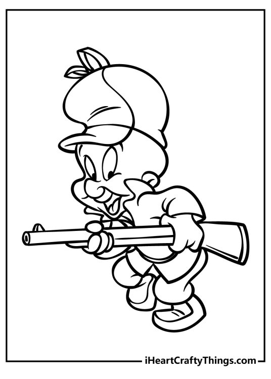 Looney Tunes coloring drawing of a Elmer Fudd featured stalking his prey with clear background