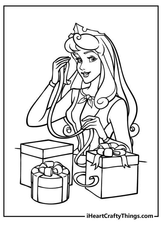 Coloring picture presenting princess Aurora from Sleeping Beauty unwrapping gifts with pretty bows