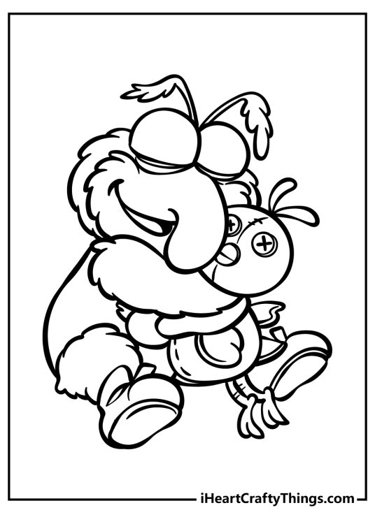 Detailed coloring sheet for children featuring Baby Gonzo hugging a stuffed bird