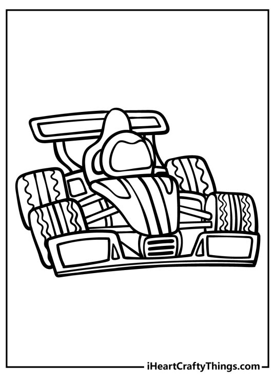 Free coloring page for children presenting thin and nimble race car with no roof