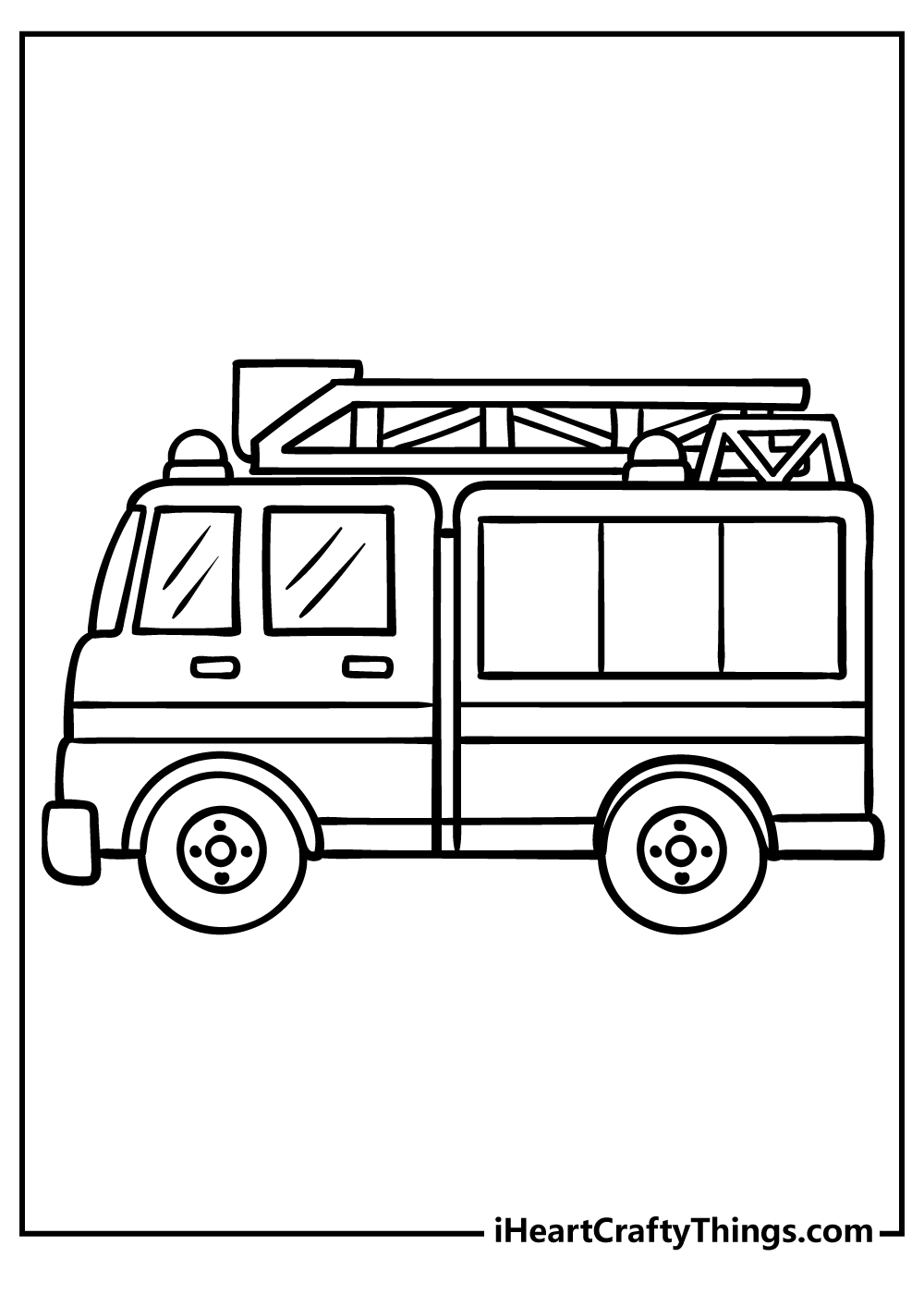 Coloring picture for kids presenting simple design fire truck with four wheels and a lot of windows