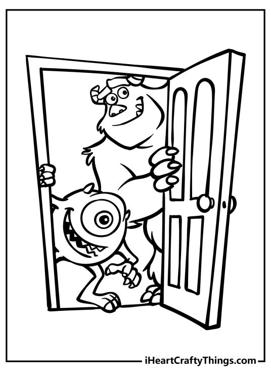 Monsters Inc-themed coloring sheet featuring Mike and Sully about to go through a door