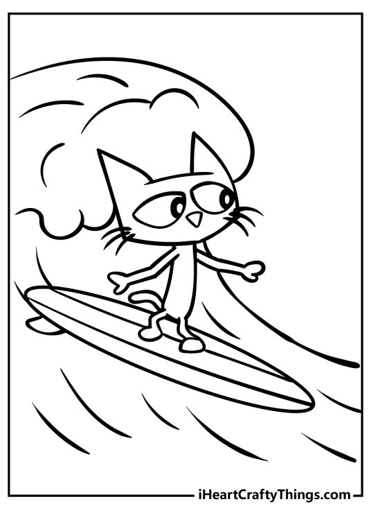 Free drawing to print and color of a Pete The Cat surfing on his surfboard surrounded by waves