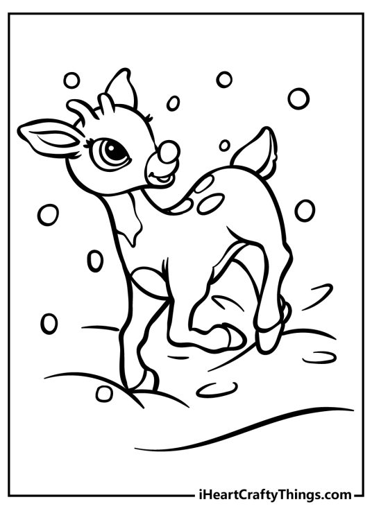 Detailed coloring sheet featuring young Rudolph excited about the snow all around him