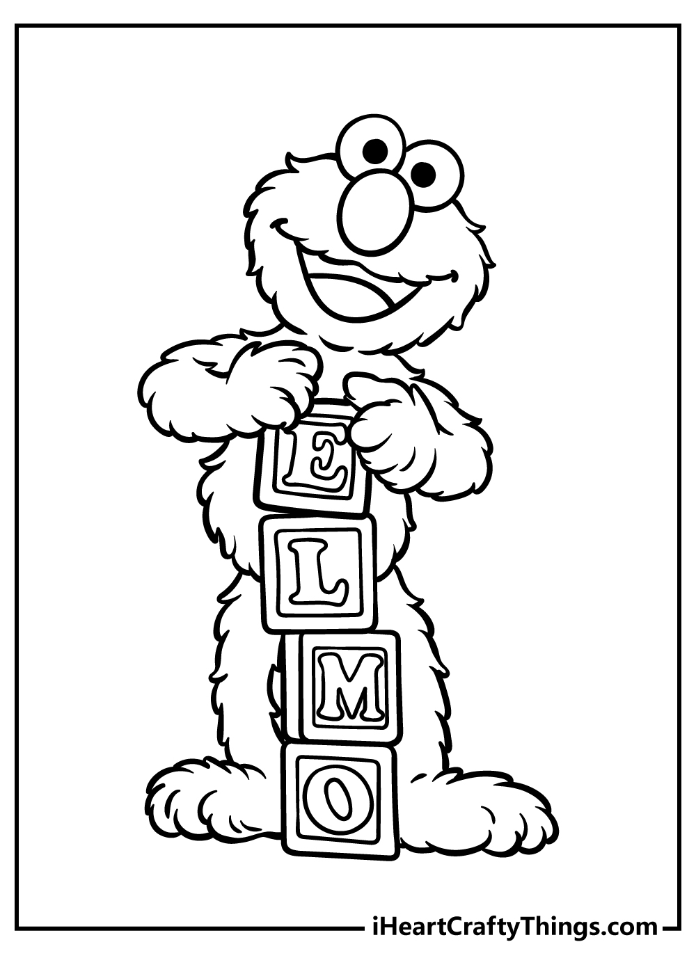 Sesame Street-themed coloring poster of an Elmo holding up some blocks that spell his name