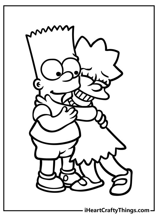 Simpsons-themed page to print and color presenting Bart and Lisa hugging each other