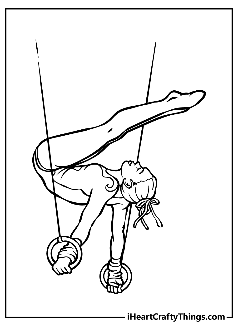 Gymnastics coloring sheet depicting female gymnast performing a trick in the air