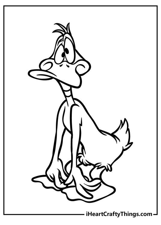 Looney Tunes-themed coloring sheet for children featuring Daffy Duck looking very frazzled