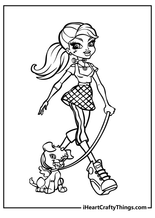 Printable page depicting Monster High character Frankie Stein with her adorable pup