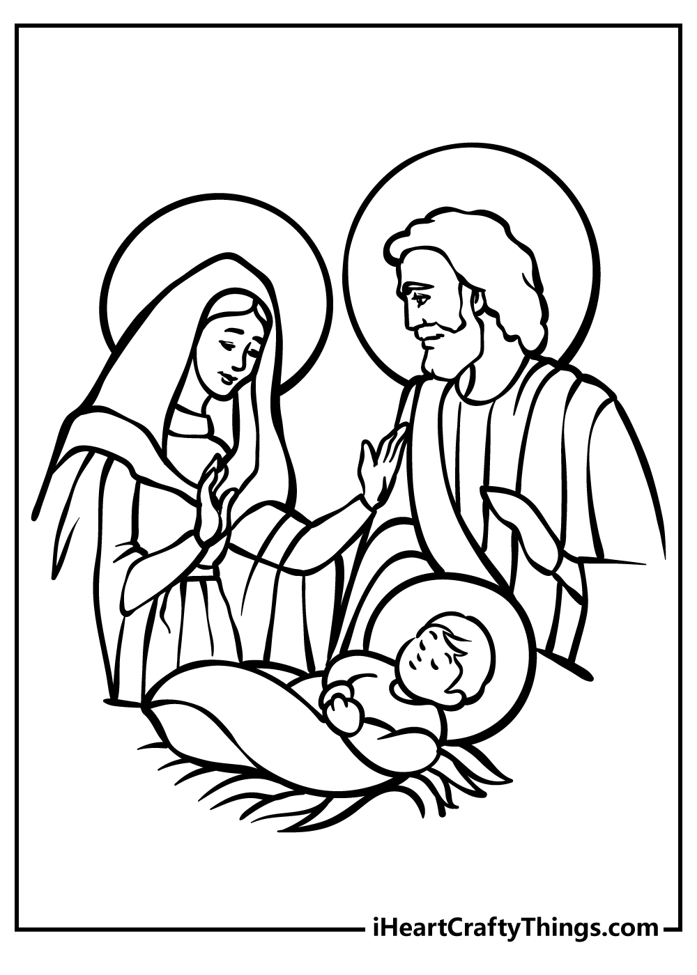 Nativity coloring printable for kids depicting holy family with hallows around the heads