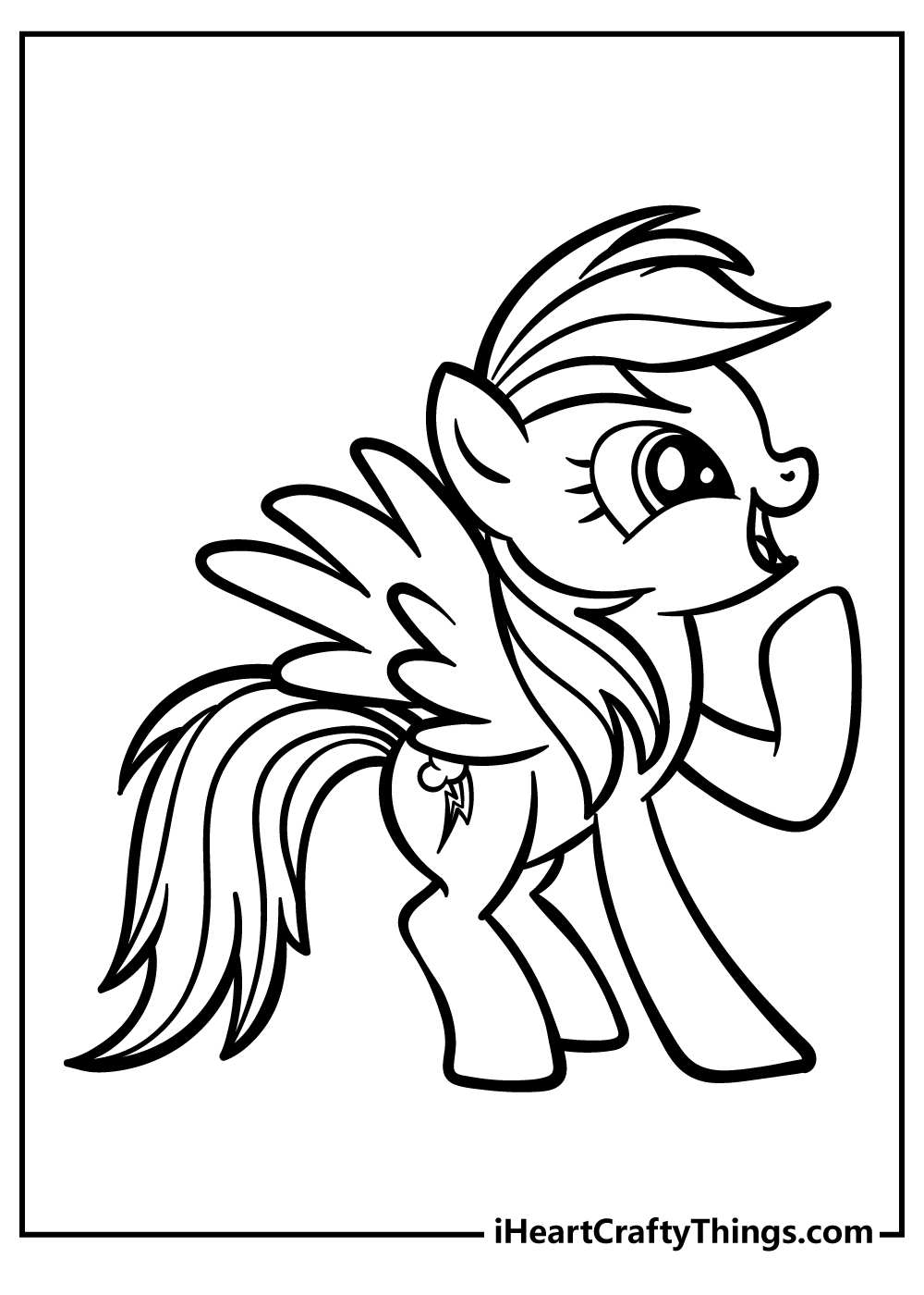 Free printable coloring sheet featuring Rainbow Dash looking as if she is barely stifling a laugh