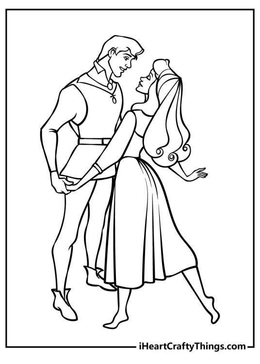 Sleeping Beauty coloring sheet featuring charming moment of the prince and princess dancing together