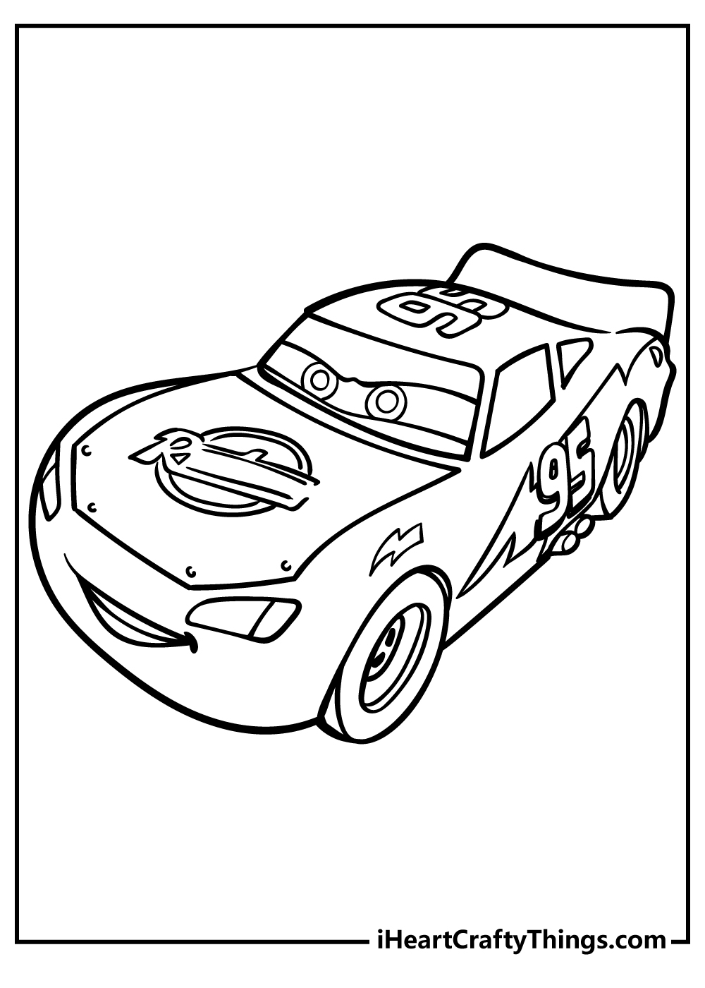 Detailed coloring picture of a Lightning McQueen with a number 95 on a roof and side door