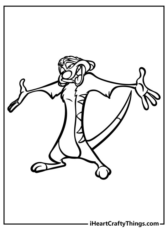 Lion King coloring sheet for kids depicting meerkat Timone talking with hands spread wide