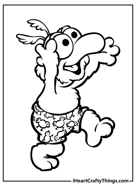 Printable coloring page of a baby Gonzo running around in his swimsuit with hands up