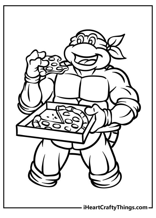 Ninja Turtles coloring sheet for kids featuring on of the turtles excited about eating pizza