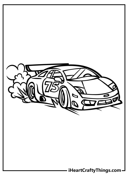 Picture of a race car with number 75 on the side going at high speed with smoke and dust behind it