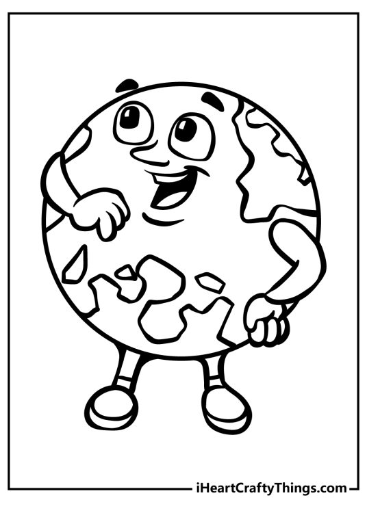 Coloring picture for pre-schoolers presenting cartoony Earth character with limbs and a face