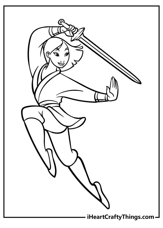 Printable coloring drawing depicting Mulan performing a graceful move with her sword