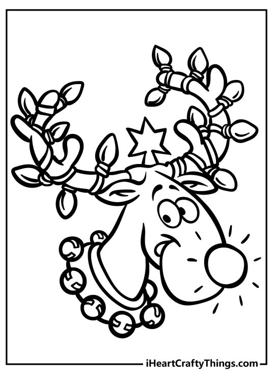 Detailed coloring sheet featuring Rudolph with antlers covered in Christmas lights and nose shining bright