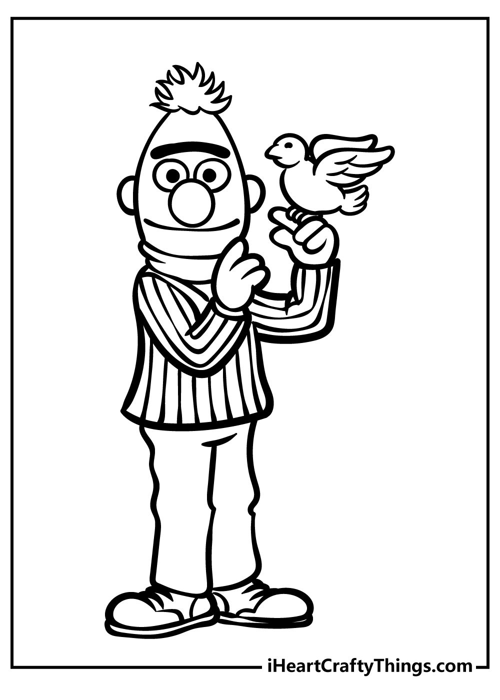 Free printable picture featuring Sesame Street character Bert with a cute bird sitting on his hand