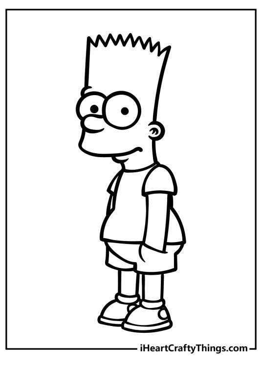 Simpsons-themed coloring page for kids featuring Bart in his casual t-shirt and shorts outfit