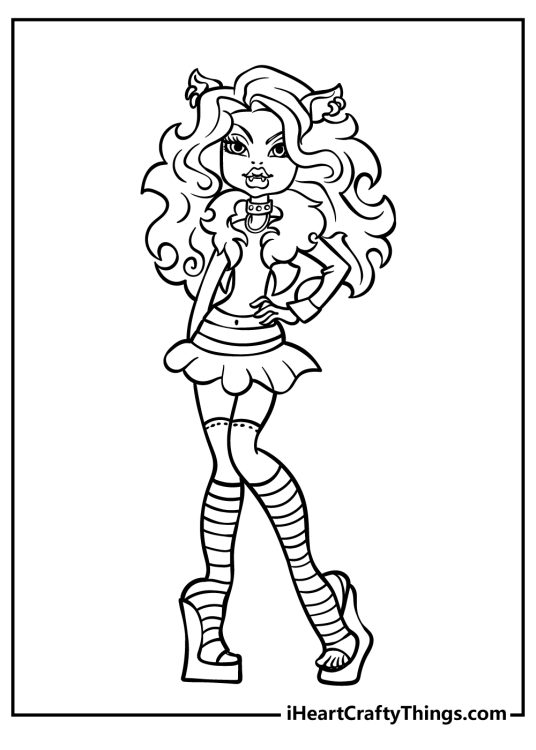 Coloring page featuring Monster High character Clawdeen Wolf wearing her signature stripy boots