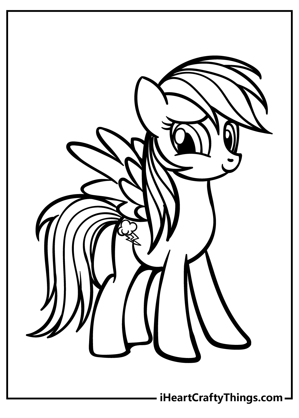 Detailed printable coloring page presenting full size pony Rainbow Dash with a fluffy mane and tail