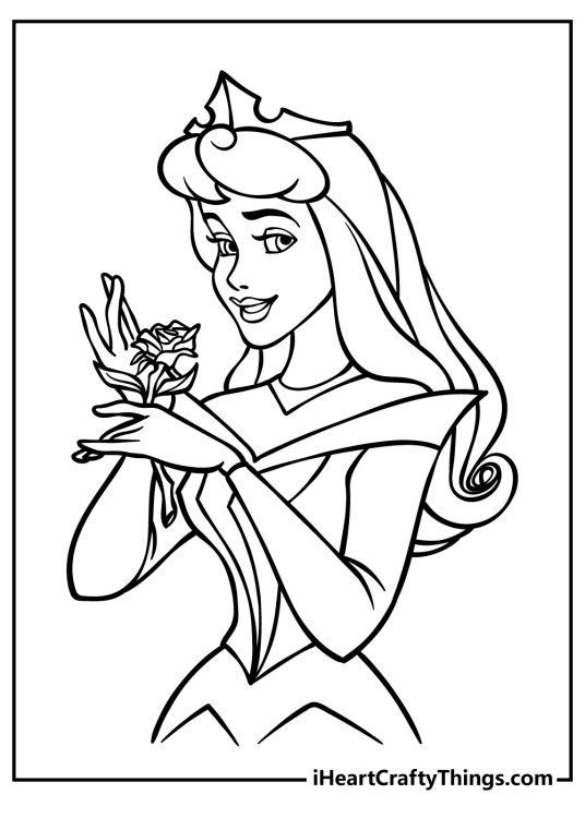 Sleeping Beauty-themed printable featuring portrayal of a princess posing with a beautiful rose