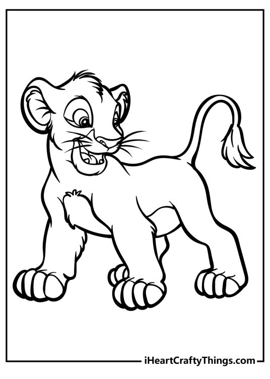Lion King-themed printable picture to color of a young and adventurous cub Simba