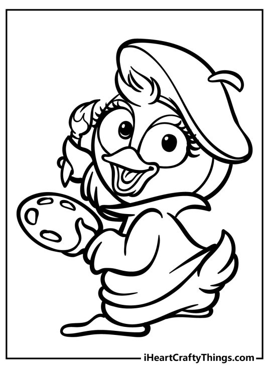 Coloring sheet of a Summer the penguin wearing a beret,holding painting palette and a brush