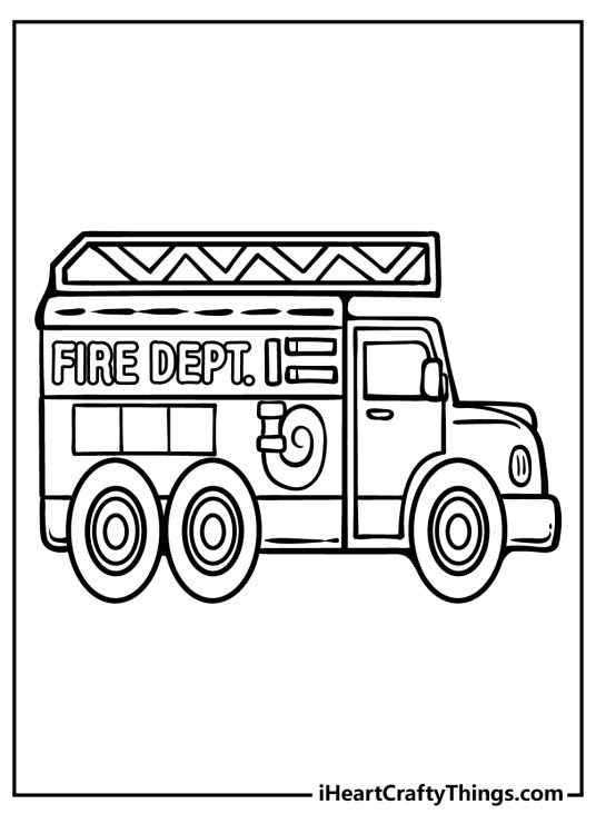 Free printable pdf featuring fire truck with a FIRE DEPT phrase written on it