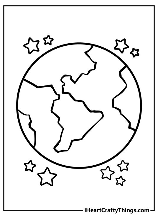 Printable coloring sheet featuring simple portrayal of the Earth surrounded by some stars