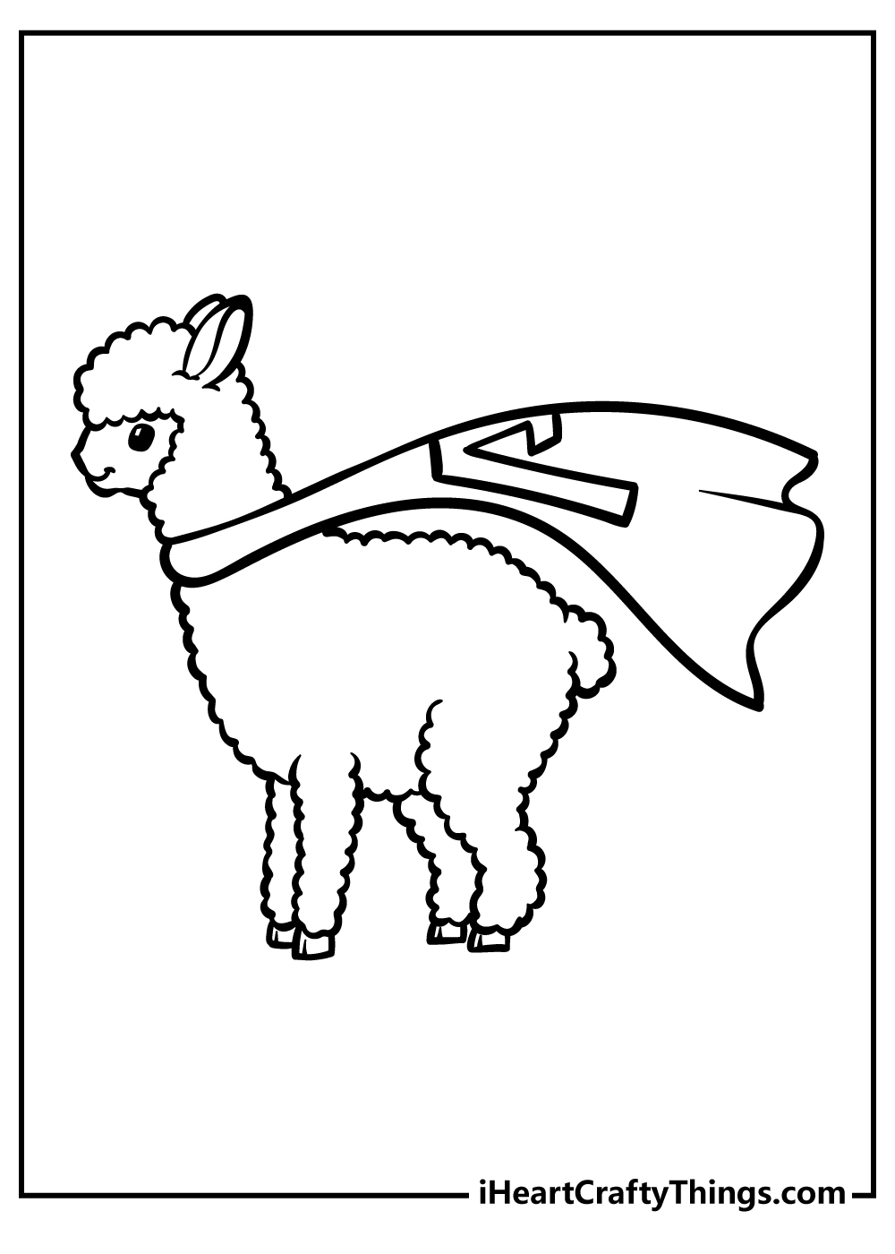 Printable coloring picture featuring cute llama wearing a flowing Superheroe cape