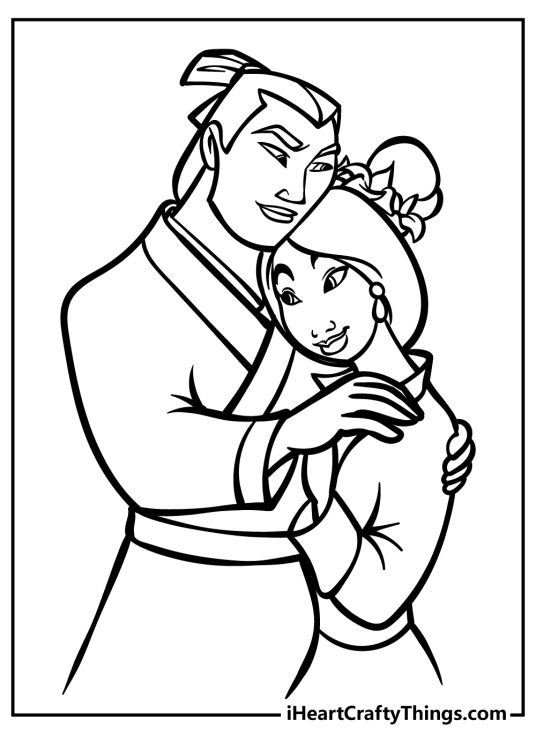 Free printable coloring page featuring Mulan and warrior Li Shang sharing an embrace