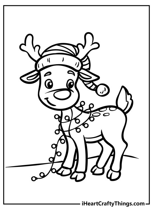 Coloring image of a Rudolph wearing a Christmas hat and covered in some Christmas lights