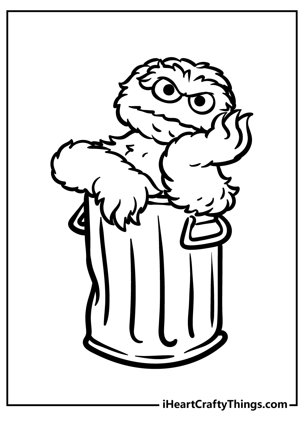 Printable coloring image presenting Sesame Street character unhappy Oscar the Grouch sitting in a bin