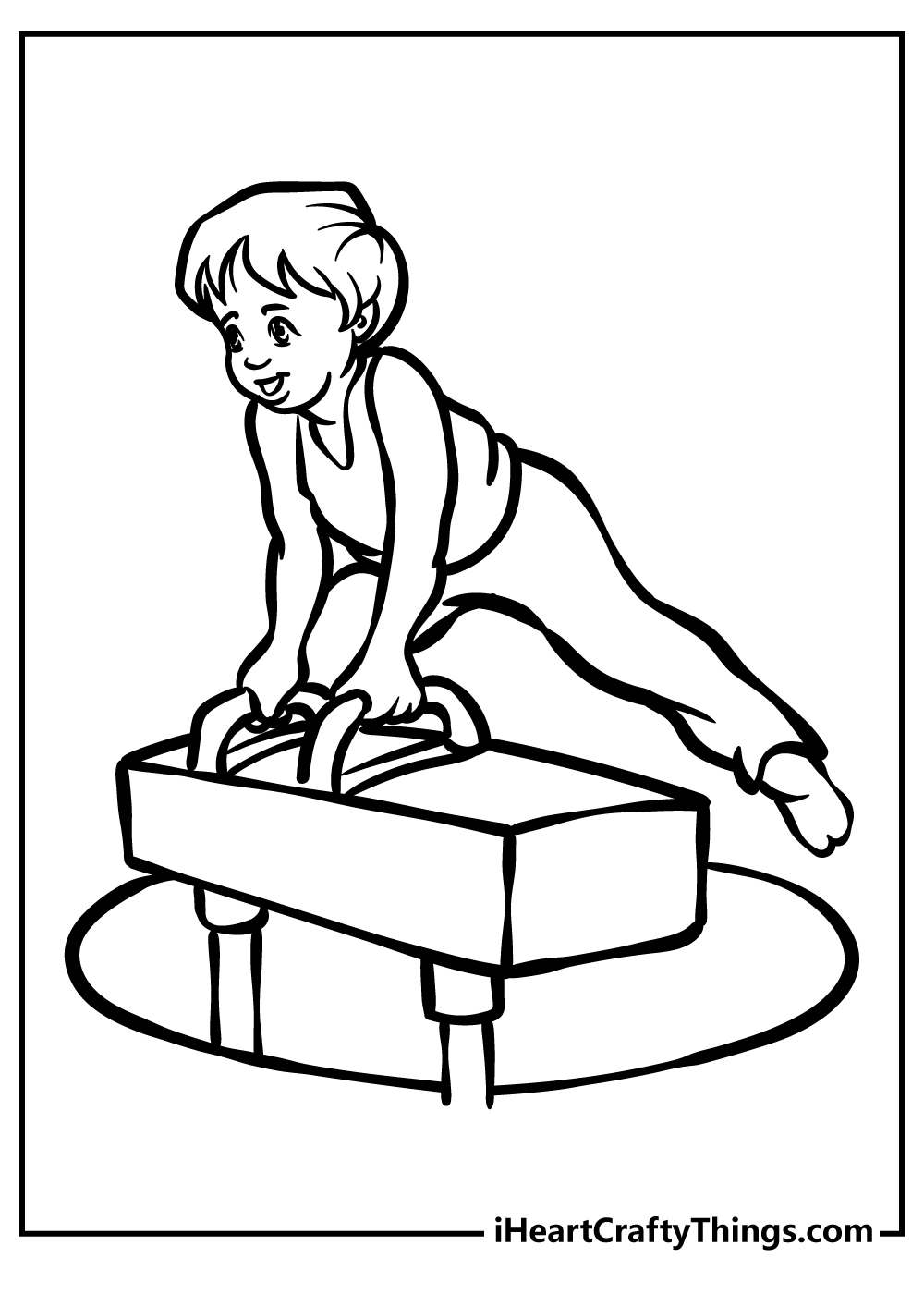 Gymnastics-themed printable coloring picture featuring little athlete on a pommel horse