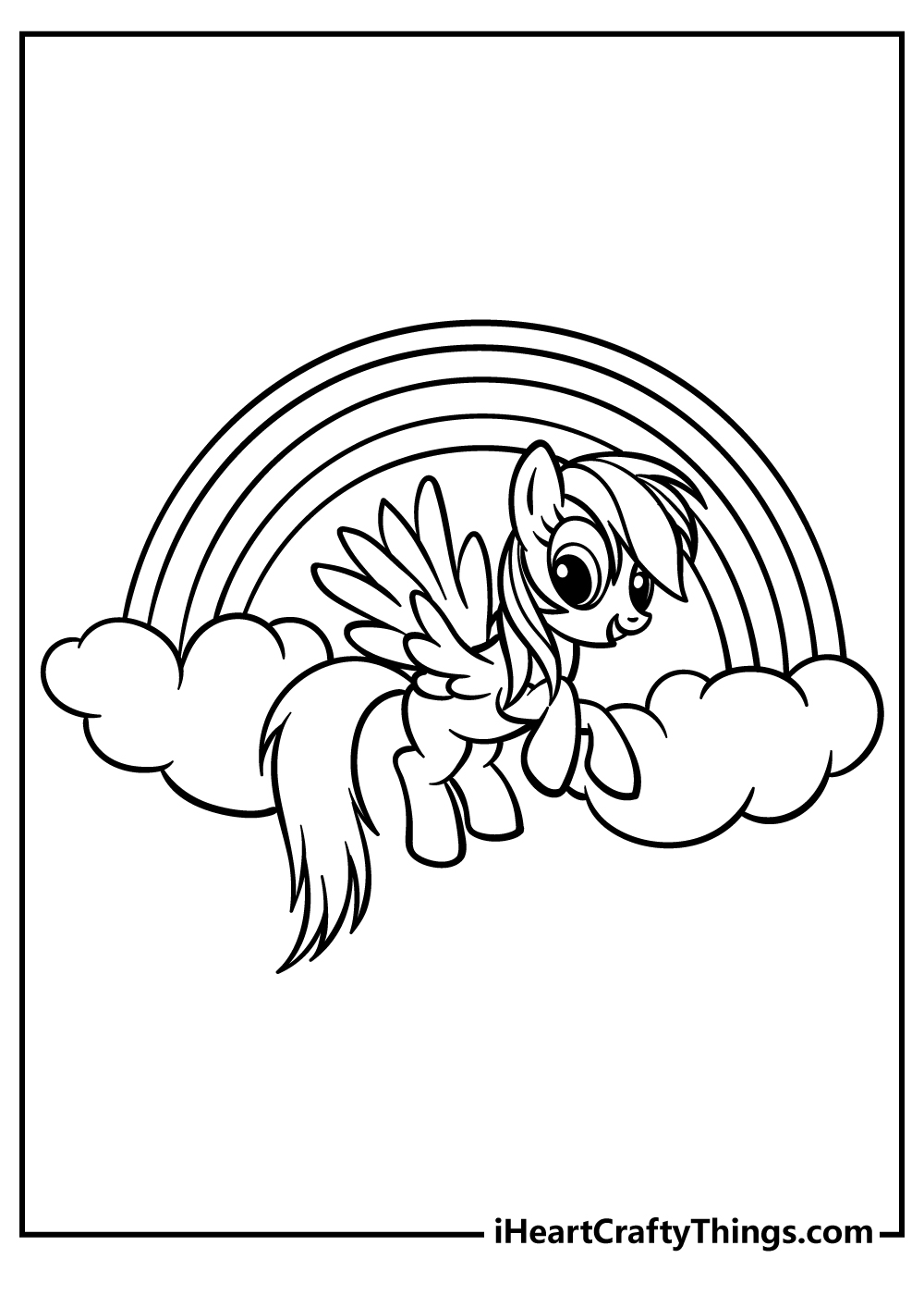 Coloring page for girls featuring Rainbow Dash standing in front of a rainbow with a cloud at each end