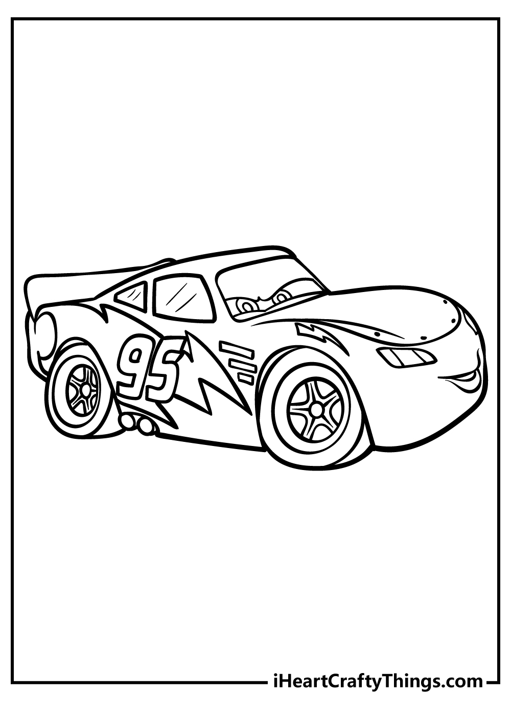 Coloring picture featuring side view of Lightning McQueen looking fierce and competitive