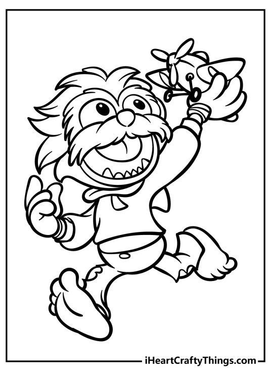 Detailed Muppets-themed coloring page of a baby Animal playing with a toy airplane