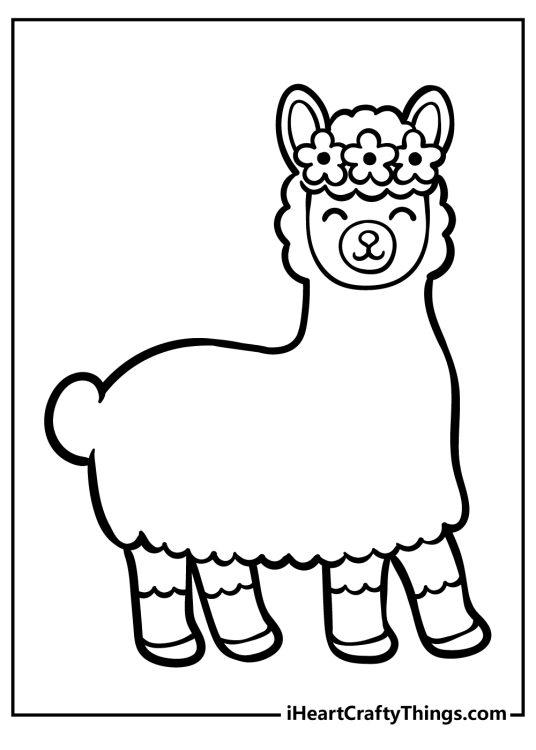 Printable coloring pdf ror kids featuring pretty llama wearing a crown of flowers