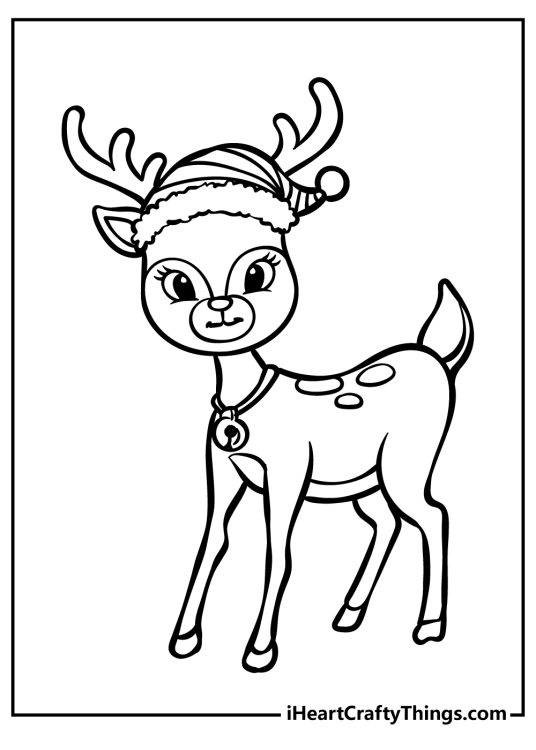 Free printable pdf to color presenting cute Rudolph featured wearing a hat and a bell