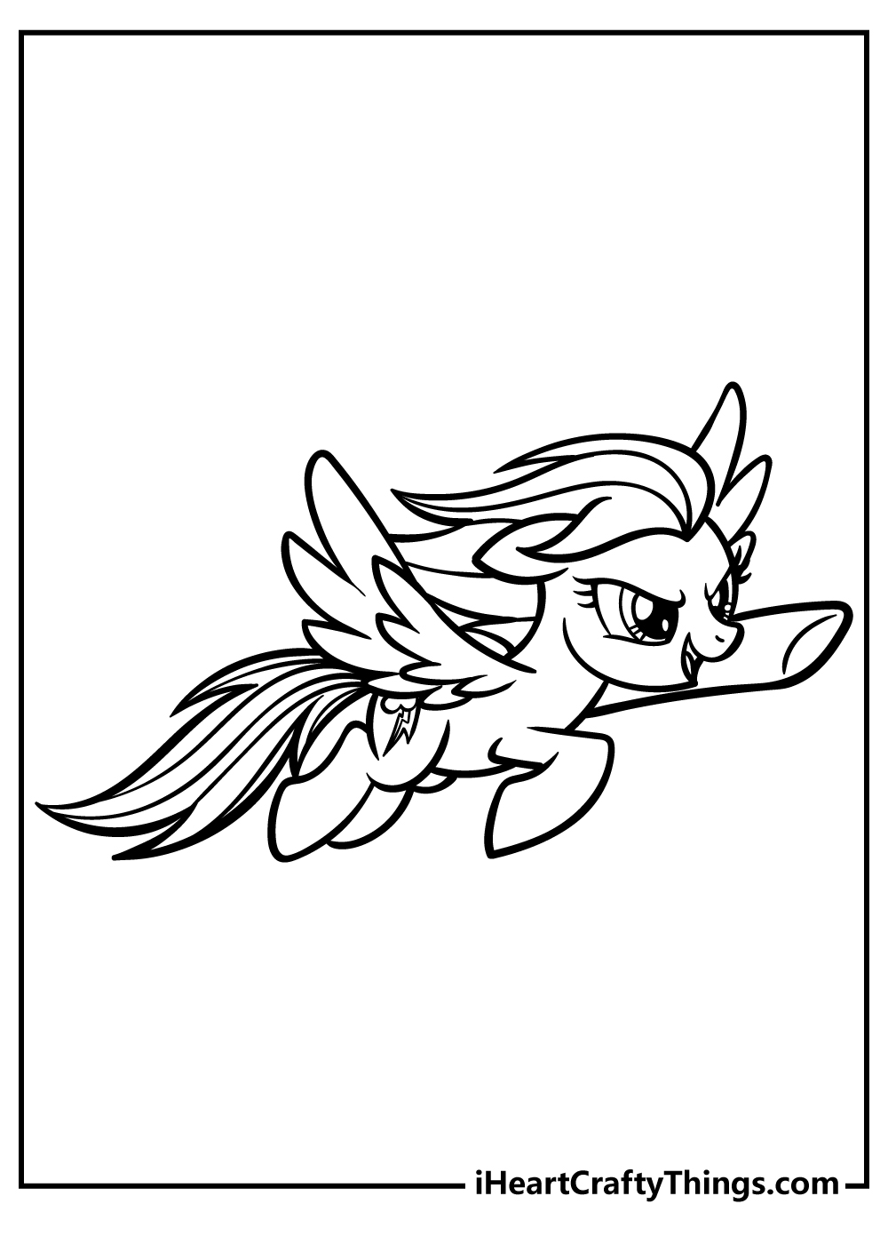 My Little Pony-themed coloring sheet of a pony Rainbow Dash dashing somethere at great speed