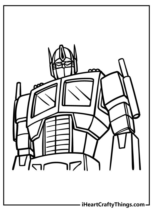 Transformers-themed coloring portrayal of a Optimus Prime with a great close-up on all the details